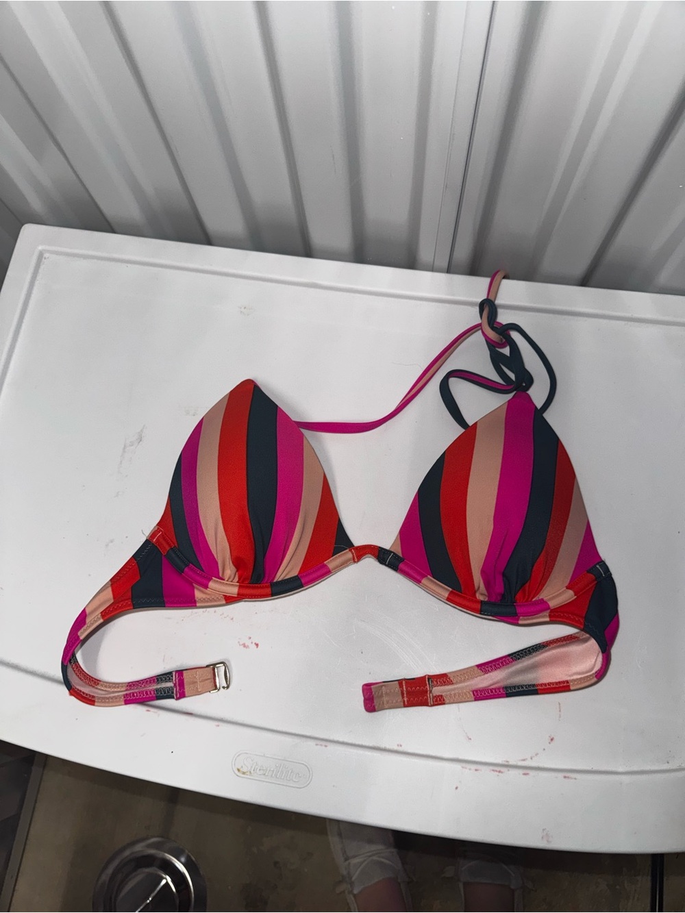 Shade & Shore Striped Triangle Bikini Top in Pink, Red and Navy